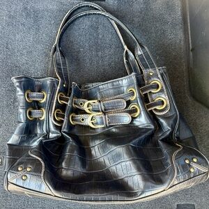 Pritzi Black Faux-Croc Shoulder Bag with Gold Hardware